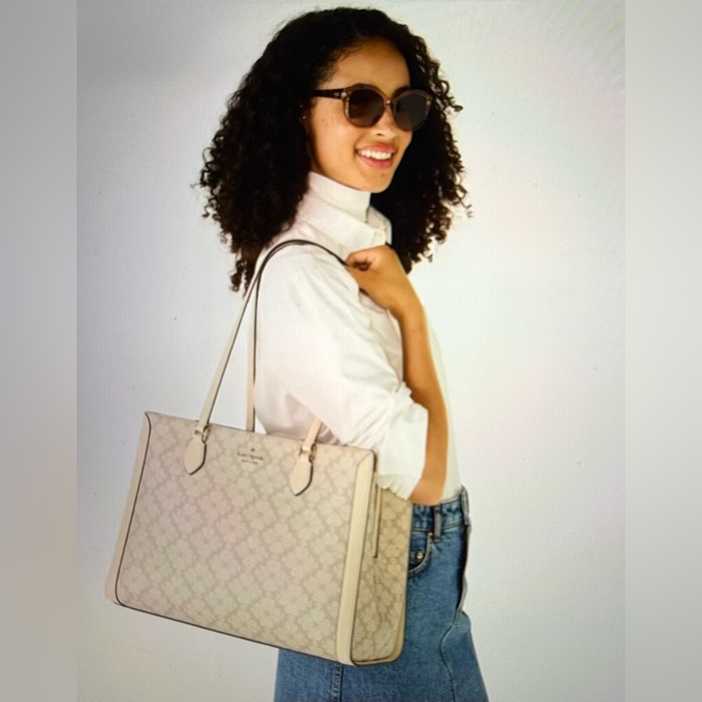 NEW Kate Spade Laptop Tote Dark Beige Signature Spade Flower
